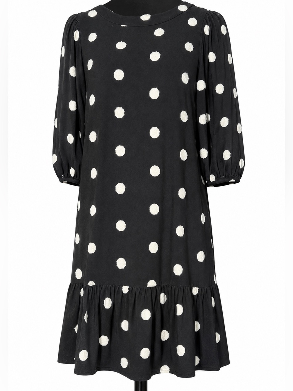 Black White Polka Dot Dress Puff Sleeve Ruffle Hem Babydoll Boho Midi S Prairie